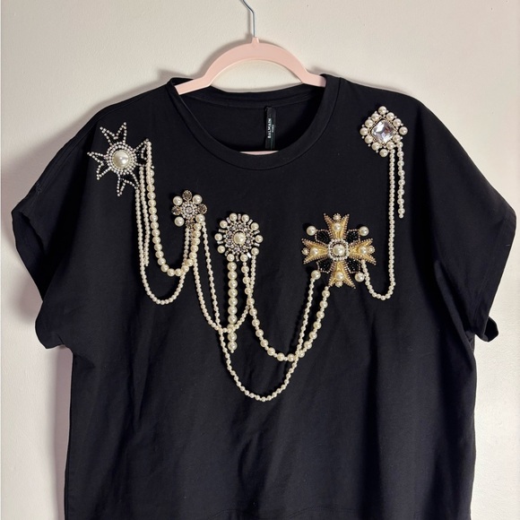 Balmain Black Crop Top with Pearl and Gold Embellishments, Size XXL - Picture 2 of 7
